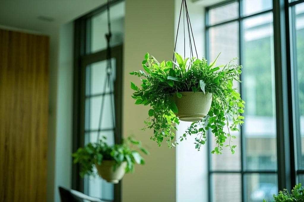 Hanging green plants in modern home